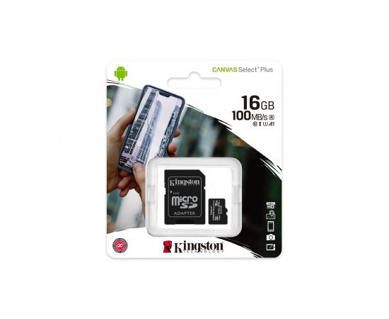 Фото microSDHC (UHS-1) Kingston Canvas Select Plus 16Gb class 10 А1 (R-100MB/s) (adapter SD) от магазина Manzana